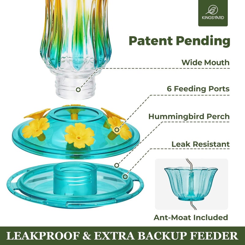 Kingsyard Hummingbird Feeder for Outdoors Hanging, 25 Ounces, Glass Humming Bird Nectar Feeder with Ant Moat & 6 Feeding Ports, Leak Proof, Turquoise - Image 4